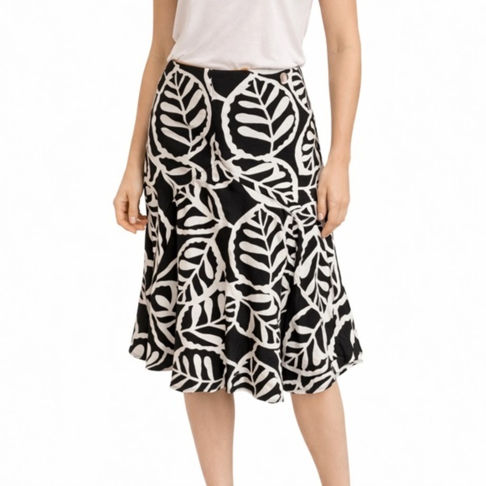 Black White Leaf Print Linen Midi Skirt Size 12 Lined Flare